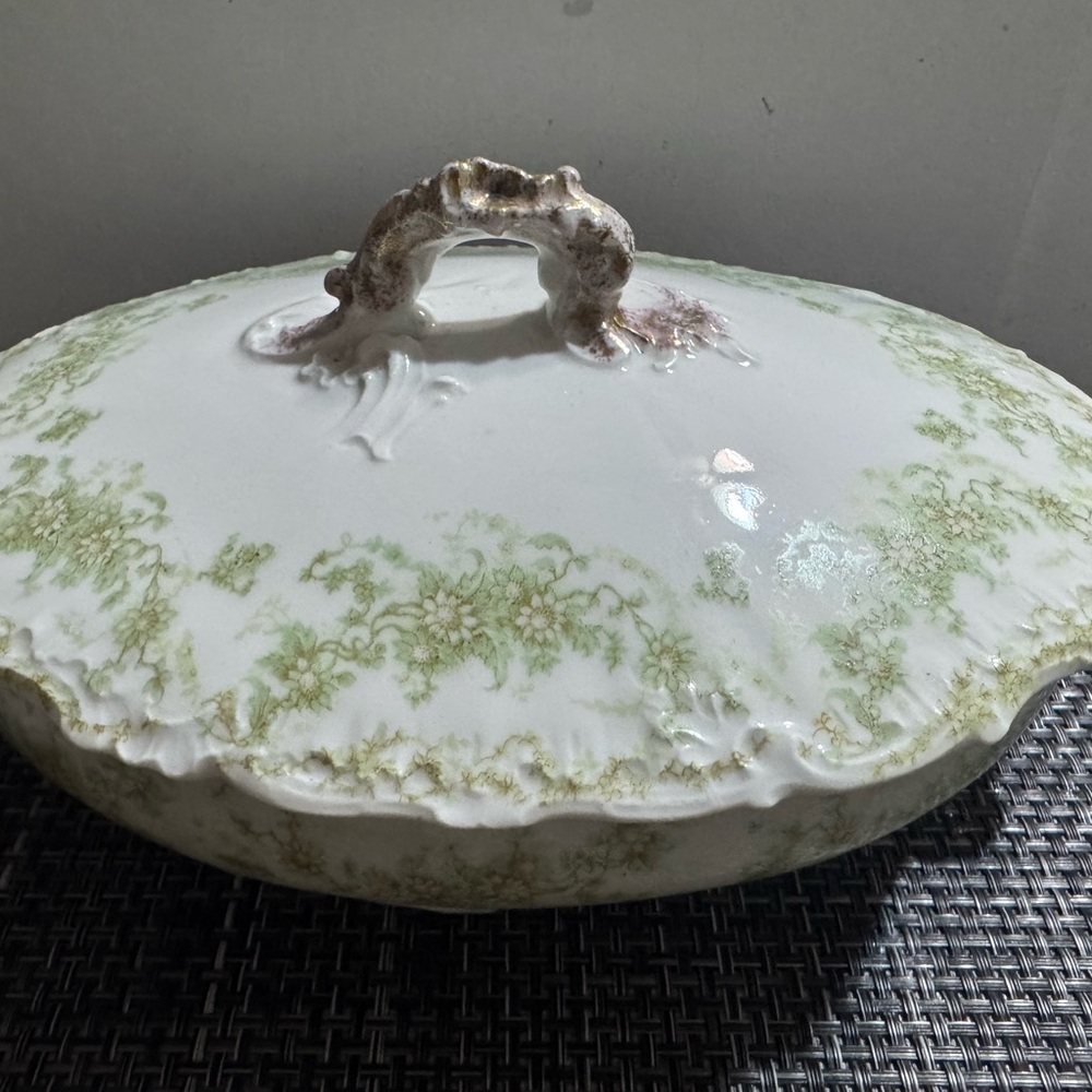 Vintage Elite Works Limoges France Covered Dish Vegetable Serving Green Floral - Picture 2 of 15